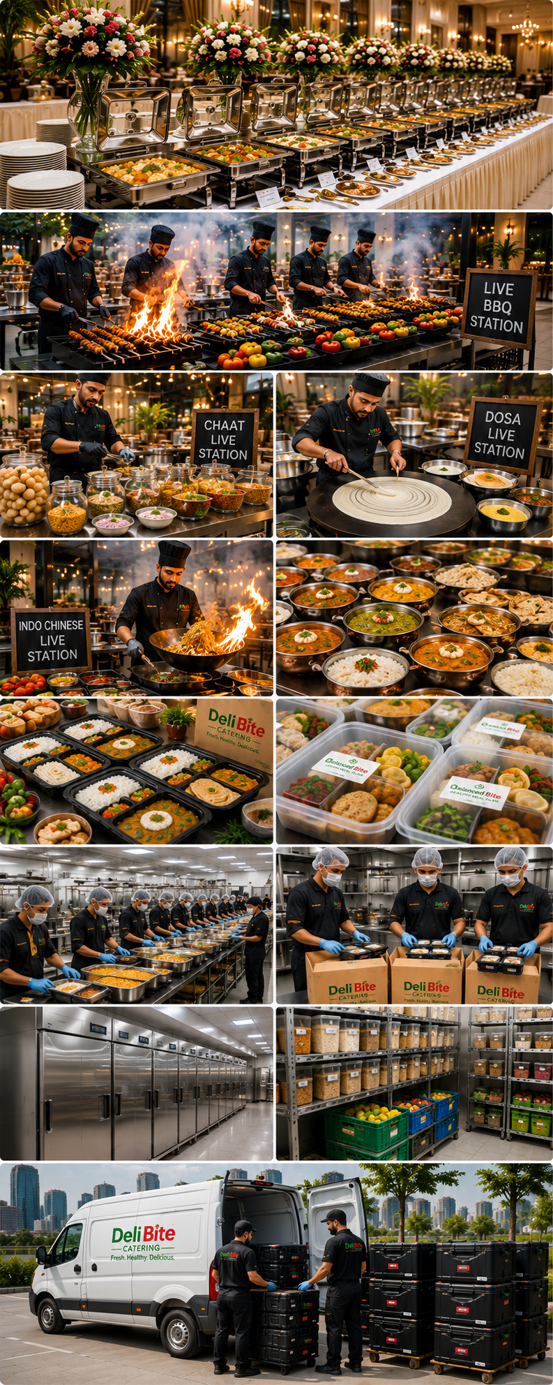 Deli Bite Catering Services in Dubai featuring buffet catering, live food stations, Indian tiffin meal plans, commissary kitchen production, meal packaging, and food delivery operations.