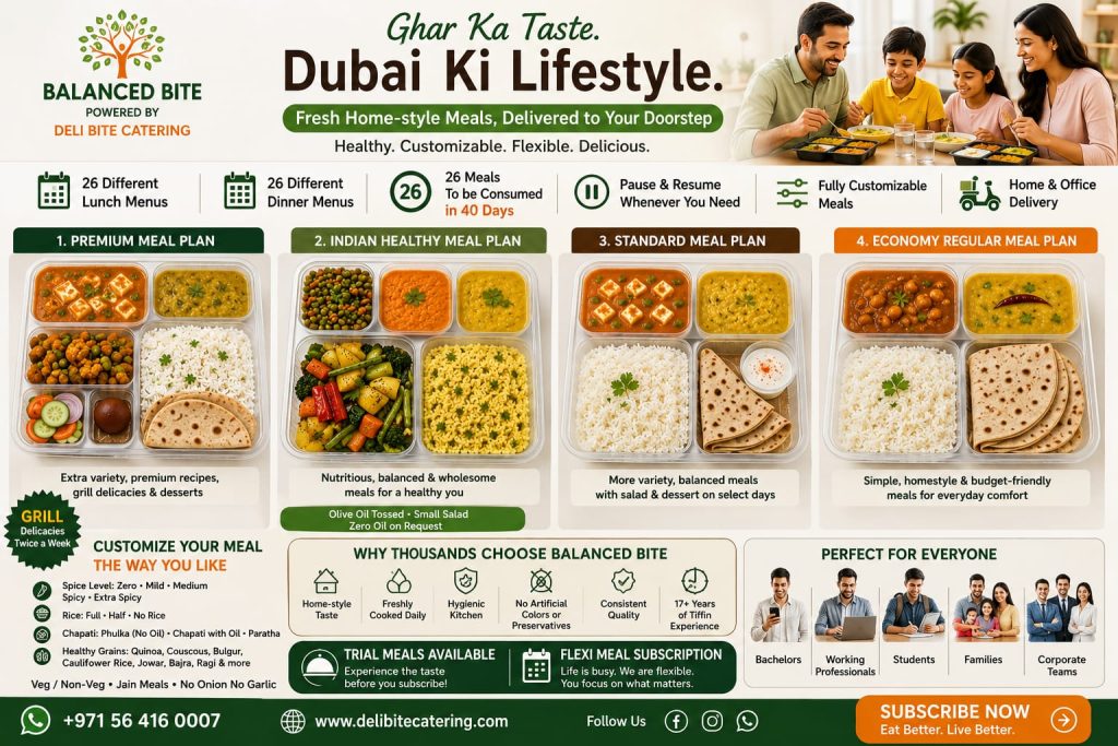 Fresh Indian tiffin meal plans in Dubai by Balanced Bite powered by Deli Bite Catering with healthy home-style lunch and dinner meal subscriptions for professionals, families, students and corporate offices.